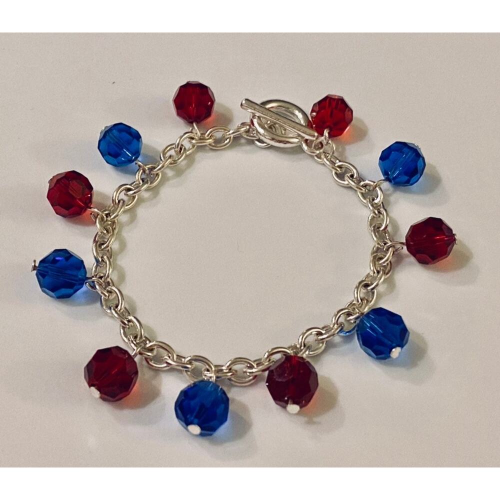 Red & Blue Glass Beads Silver Toggle Bracelet